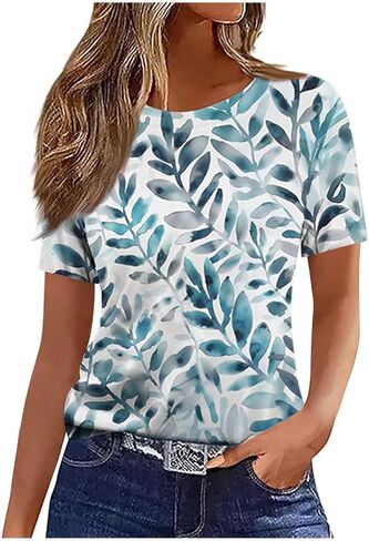 Summer Tops for Women 2026 Vintage Boho Floral Print Short Sleeve T Shirts Casual Crew Neck Tunic Blouses Cute Tees in Kuwait