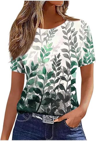 Summer Tops for Women 2026 Vintage Boho Floral Print Short Sleeve T Shirts Casual Crew Neck Tunic Blouses Cute Tees in Kuwait