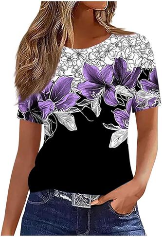 Summer Tops for Women 2026 Vintage Boho Floral Print Short Sleeve T Shirts Casual Crew Neck Tunic Blouses Cute Tees in Kuwait