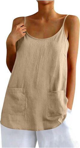 Womens Cotton Linen Tank Top Loose Spaghetti Strap Casual Summer Camisole Sleeveless Solid Color Shirts with Pocket in Kuwait