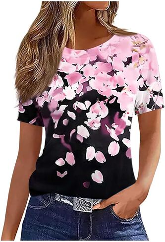 Summer Tops for Women 2026 Vintage Boho Floral Print Short Sleeve T Shirts Casual Crew Neck Tunic Blouses Cute Tees in Kuwait