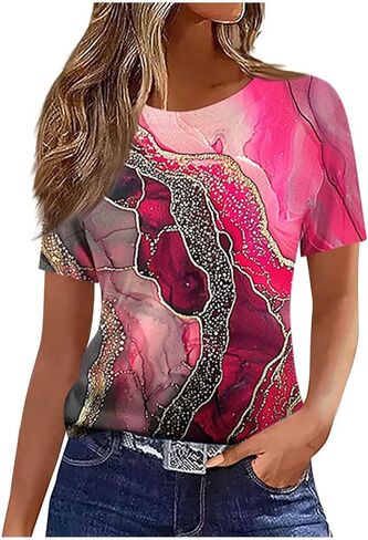Summer Tops for Women 2026 Vintage Boho Floral Print Short Sleeve T Shirts Casual Crew Neck Tunic Blouses Cute Tees in Kuwait