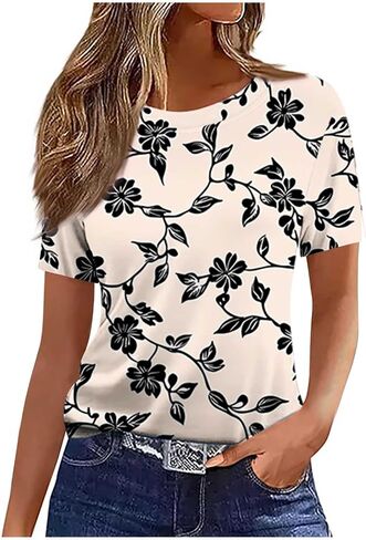 Summer Tops for Women 2026 Vintage Boho Floral Print Short Sleeve T Shirts Casual Crew Neck Tunic Blouses Cute Tees in Kuwait