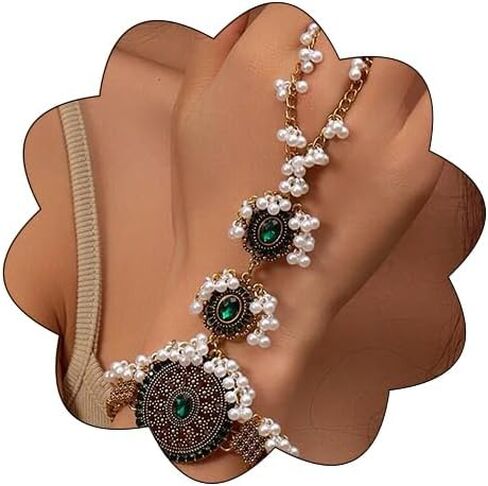 YUEKISEN Boho Indian Bollywood Crystal Finger Ring Bracelet Jhumkas Pearl Beaded Slave Chain Bangle Indian Oxidized Wrist Hand Bracelets for Women in Saudi Arabia