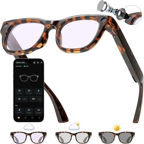 20MP AI Smart Glasses with Camera, High Resolution Photo Video, Photochromic Lens UV400, EIS Stabilization, Voice Assistant ChatGPT, Hands-Free Smart Sunglasses for Vlog, Photochromic Lens in Kuwait