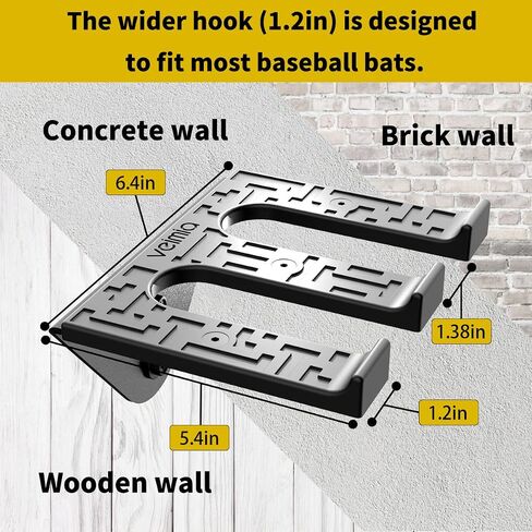 veimia Baseball Bat Holder Wall Mount, Baseball Bat Storage Rack, Holds 4 Bats on Wooden or Concrete Wall, Metal Bat Hanger with Fully Wrapped Rubber Mat, Hardware Included in Kuwait