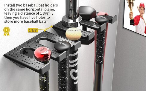 veimia Baseball Bat Holder Wall Mount, Baseball Bat Storage Rack, Holds 4 Bats on Wooden or Concrete Wall, Metal Bat Hanger with Fully Wrapped Rubber Mat, Hardware Included in Kuwait