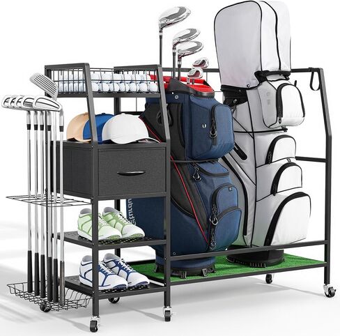 Golf Bag Organizer Storage Rack, Rolling Golf Storage Organizer for Garage, Golf Equipment Holder with Wheels, Turf Mat, Carbon Steel in Saudi Arabia
