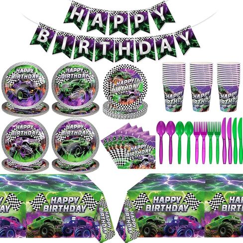 MIFOCI 171 PCS TRACK Party Supplies مجموعة أدوات المائدة تشمل أطباق أكواب سكاكين فوركس ملاعق المناديل المائدة اللاحقة ولافتة لحفلة شاحنة الوحش ، وسباق سيارات عيد ميلاد يقدم 24 ضيفًا in Kuwait