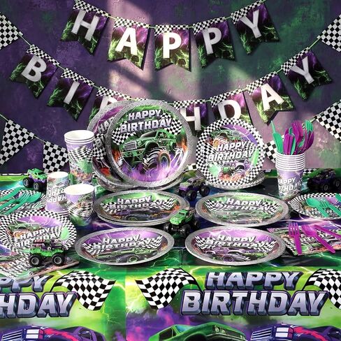 MIFOCI 171 PCS TRACK Party Supplies مجموعة أدوات المائدة تشمل أطباق أكواب سكاكين فوركس ملاعق المناديل المائدة اللاحقة ولافتة لحفلة شاحنة الوحش ، وسباق سيارات عيد ميلاد يقدم 24 ضيفًا in Kuwait