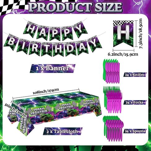 MIFOCI 171 PCS TRACK Party Supplies مجموعة أدوات المائدة تشمل أطباق أكواب سكاكين فوركس ملاعق المناديل المائدة اللاحقة ولافتة لحفلة شاحنة الوحش ، وسباق سيارات عيد ميلاد يقدم 24 ضيفًا in Kuwait