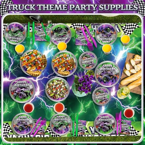 MIFOCI 171 PCS TRACK Party Supplies مجموعة أدوات المائدة تشمل أطباق أكواب سكاكين فوركس ملاعق المناديل المائدة اللاحقة ولافتة لحفلة شاحنة الوحش ، وسباق سيارات عيد ميلاد يقدم 24 ضيفًا in Kuwait