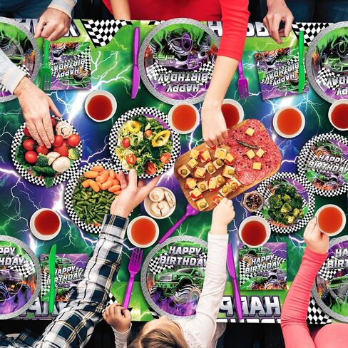 MIFOCI 171 PCS TRACK Party Supplies مجموعة أدوات المائدة تشمل أطباق أكواب سكاكين فوركس ملاعق المناديل المائدة اللاحقة ولافتة لحفلة شاحنة الوحش ، وسباق سيارات عيد ميلاد يقدم 24 ضيفًا in Kuwait