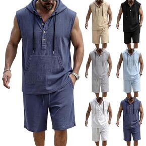 Men’s Sleeveless Hoodie Shorts Set Muscle Fit Gym Workout Two Piece Outfit Summer Casual Athletic Tracksuit with Pockets in Kuwait