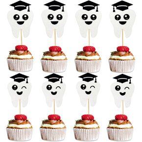 24 Pcs Congrats Dentist Graduation Cupcake Toppers, 2 Glitter Tooth Designs with Cap, Cute Smiling Tooth Picks for Dental School Graduation, Hygienist Party Supplies, and Clinic Celebration Decoration in Kuwait