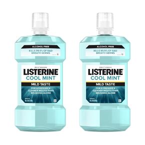 Listerine Cool Mint Alcohol-Free Mild Mouthwash, Oral Rinse Kills 99.9% of Germs that Cause Bad Breath, Less Intense Taste, Mild Mint Flavor, 1 L (Pack of 2) in Saudi Arabia