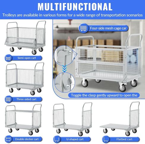 Platform Truck with Cage, Heavy Duty Flatbed Cart, Foldable Hand Truck, Load 2500LB with 4 Swivel Casters, Multi-Functional Push Cart for Grocery, Laundry, Shelving, Pantry in Kuwait