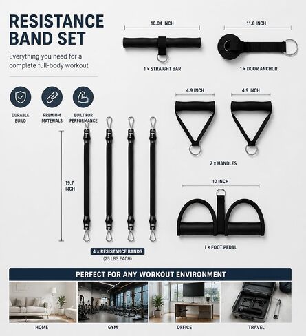 100LB Pedal Resistance Band with Handle, Portable Adjustable Tension Rope, Heavy Duty 4-Tube Full Body Exercise Equipment Set for Home Workout in Kuwait