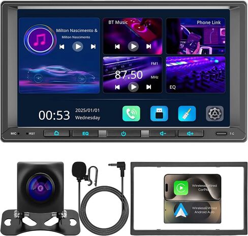 ستيريو سيارة Android مزدوج DIN مقاس 7 بوصات، CarPlay لاسلكي وAndroid Auto، 8 نوى، دردشة GPT، وظيفة كاميرا 360 درجة، Wi-Fi/Bluetooth/USB، راديو السيارة 4G+32G، 32B-DSP، كاميرا خلفية AHD، FM/AM/GPS/SWC in Kuwait