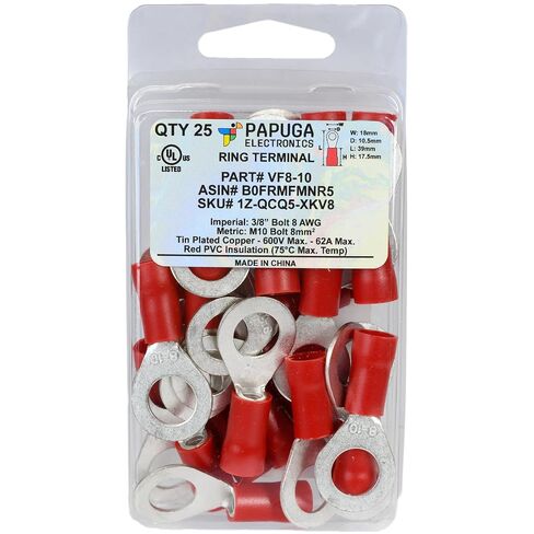 PAPUGA 25PCS 8 AWG (10 mm²) 3/8" / M10 (10mm) Insulated Ring Lug Crimp Terminal, 600V 62A, UL cUL Battery Cable Lug Heavy Duty Crimp Connector, Automotive & Marine in Kuwait