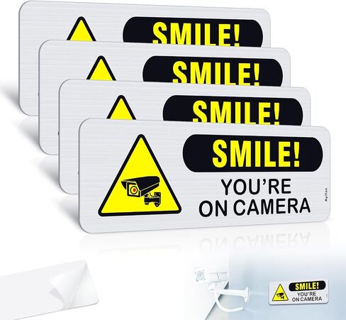 4 عبوات من لافتات Smile You're On Camera، ملصقات تحذيرية للأمان من الألومنيوم المصقول مقاس 9×3 بوصة خالية من الصدأ، ابتسم على لافتات الكاميرا للأعمال المنزلية، ذاتية اللصق in Kuwait