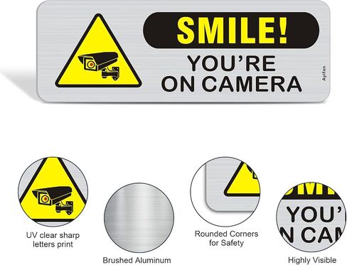 4 عبوات من لافتات Smile You're On Camera، ملصقات تحذيرية للأمان من الألومنيوم المصقول مقاس 9×3 بوصة خالية من الصدأ، ابتسم على لافتات الكاميرا للأعمال المنزلية، ذاتية اللصق in Kuwait