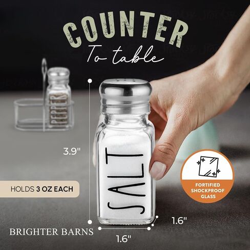Clear Glass Salt and Pepper Shakers Set with Holder by Brighter Barns - Dining Table Countertop Accessories, Farmhouse Kitchen Decor - Glass Shakers with Caddy for Restaurant, BBQ, Camping, RV (Clear) in Kuwait