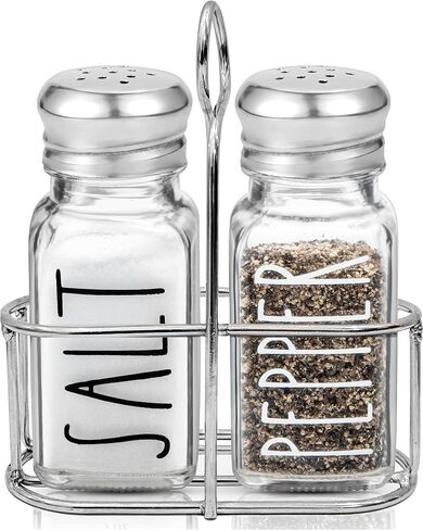 Clear Glass Salt and Pepper Shakers Set with Holder by Brighter Barns - Dining Table Countertop Accessories, Farmhouse Kitchen Decor - Glass Shakers with Caddy for Restaurant, BBQ, Camping, RV (Clear) in Kuwait