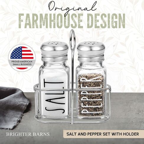 Clear Glass Salt and Pepper Shakers Set with Holder by Brighter Barns - Dining Table Countertop Accessories, Farmhouse Kitchen Decor - Glass Shakers with Caddy for Restaurant, BBQ, Camping, RV (Clear) in Kuwait