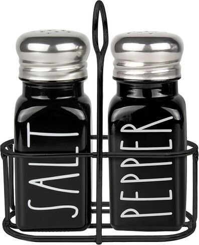 Clear Glass Salt and Pepper Shakers Set with Holder by Brighter Barns - Dining Table Countertop Accessories, Farmhouse Kitchen Decor - Glass Shakers with Caddy for Restaurant, BBQ, Camping, RV (Clear) in Kuwait