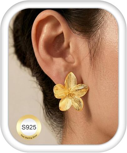GEMQUEEN 925 Sterling Silver Post Statement Flower Earrings : 14K Gold Plated Dangle Earrings Hypoallergenic Unique Large Floral Chunky Stud Drop Earring Jewelry for Women Trendy in Saudi Arabia