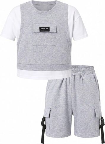 SANGTREE Boys Clothes Fake Two Piece Pullover Crewneck T Shirt + Cargo Shorts 2PCS Outfits Set, 3-12 Years in Kuwait