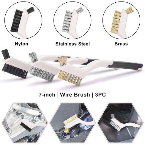 3pcs Wire Brush Set Nylon Brass and Stainless Steel Bristle Brushes with Curved Nonslip Handle for Rust Paint Dirt and Grime Removal Heavy Duty Cleaning Tool 7 Inch White in Kuwait