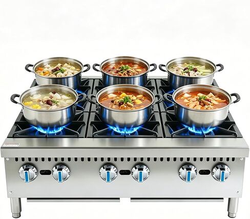ETL Commercial Countertop Gas Hot Plate,Gas Stove with 6 Burners,6 x 25,000 BTU Commercial Gas Cooktop, Natural Gas Range with Propane Conversion Kit,Detachable Burner Grates and adjustable Legs in Kuwait