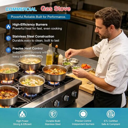 ETL Commercial Countertop Gas Hot Plate,Gas Stove with 6 Burners,6 x 25,000 BTU Commercial Gas Cooktop, Natural Gas Range with Propane Conversion Kit,Detachable Burner Grates and adjustable Legs in Kuwait