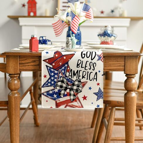 Artoid Mode God Bless America Stars Patriotic 4th of July Table Runner, Memorial Day Kitchen Dining Table Decoration for Home Party Decor 13x72 Inch in Kuwait