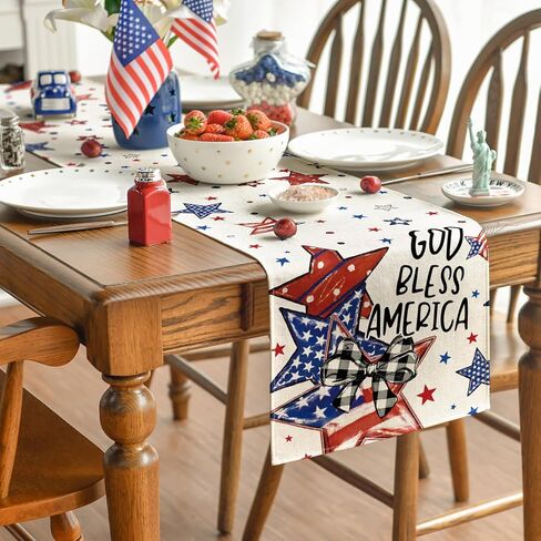 Artoid Mode God Bless America Stars Patriotic 4th of July Table Runner, Memorial Day Kitchen Dining Table Decoration for Home Party Decor 13x72 Inch in Kuwait
