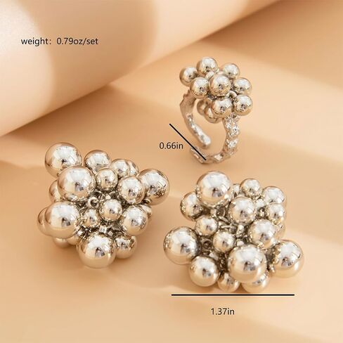 DZSYJKTM Chunky Gold Cluster Beads Jewelry Set for Women Vintage Geometric Formal Beaded Dangle Earrings Fashion Irregular Round Balls Open Knuckle Rings Sets in Saudi Arabia