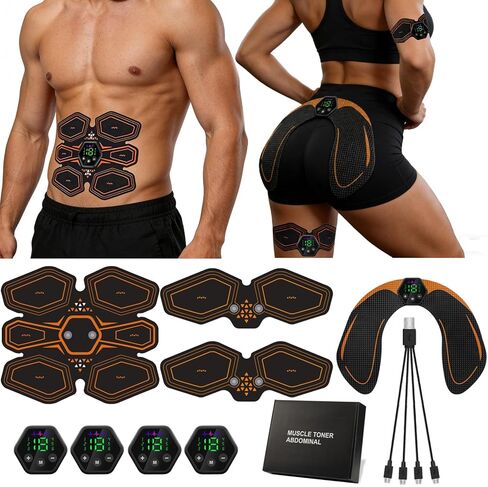 Portable Abs Muscle Training Fitness Belt Set – 4 Pcs Ab Core Toner Accessory for Home Use for Abdomen, Waist, Arms, Legs and Glutes, with 4 Controllers, Gel Pads, USB Charging Cable and Factory Sealed Storage Case Orange in Kuwait