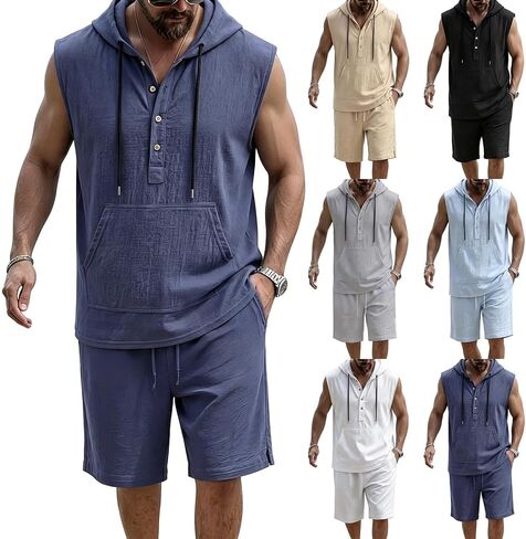 Men’s Sleeveless Hoodie Shorts Set Muscle Fit Gym Workout Two Piece Outfit Summer Casual Athletic Tracksuit with Pockets in Kuwait