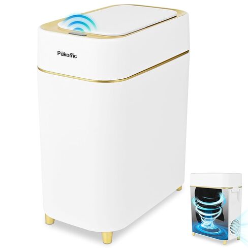 Pukomc Automatic Small Sensor Trash Can with Touchless Lid, 2.3 Gallon / 9L Smart Garbage Can, Quiet Close White Gold Waste Bin - Perfect for Kitchen, Living Room & Small Spaces in Saudi Arabia