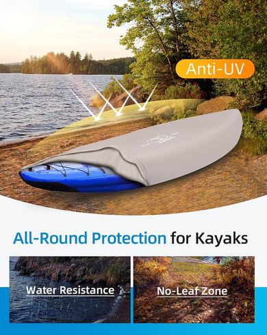 غطاء OCEANBROAD Kayak واسع جدًا، مقاوم للماء ومقاوم للأشعة فوق البنفسجية، أغطية غبار قوارب الكاياك للتخزين في الهواء الطلق، مناسب لطول 10.8-12 قدمًا، وعرض يصل إلى 48 بوصة، 600D رمادي in Kuwait