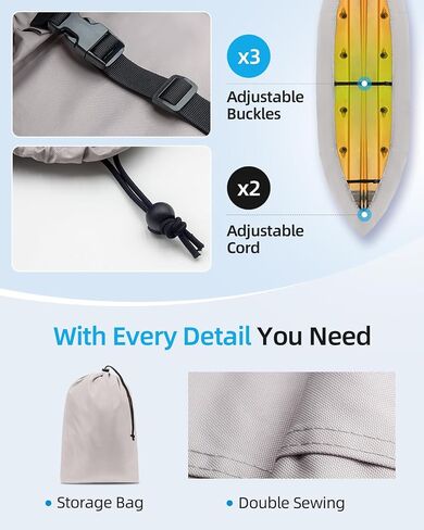 غطاء OCEANBROAD Kayak واسع جدًا، مقاوم للماء ومقاوم للأشعة فوق البنفسجية، أغطية غبار قوارب الكاياك للتخزين في الهواء الطلق، مناسب لطول 10.8-12 قدمًا، وعرض يصل إلى 48 بوصة، 600D رمادي in Kuwait