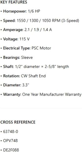 63748، استبدال OEM، 1/6 حصان، 1550/1300 / 1050 دورة في الدقيقة، 115 فولت، CWSE، قطر 3.3 بوصة، محرك لمراوح DX13VSR وFX13VSR وSX095VSRC PENN BARRY، in Kuwait