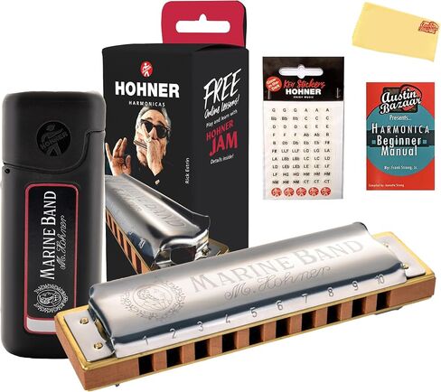 Hohner Marine Band 1896 Classic Harmonica - مفتاح الحزمة مع حافظة، وملصقات مفاتيح، ودليل إرشادي، وقطعة قماش تلميع أوستن بازار in Kuwait