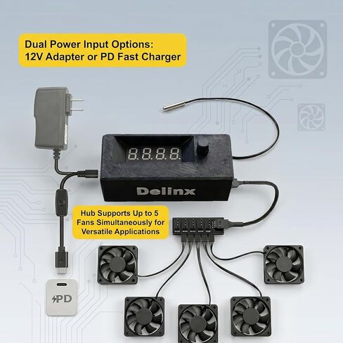 جهاز التحكم في سرعة مروحة الكمبيوتر Delinx 12V 4-Pin PWM، الوضع المزدوج التلقائي/اليدوي، 60 وات | متوافق مع مروحة 5 فولت 24 فولت ذات 4 دبابيس، شاشة رقمية لدرجة الحرارة في الوقت الحقيقي (℉) وسرعة المروحة (دورة في الدقيقة)، مدعوم من PD 3.0 أو DC5521 in Kuwait