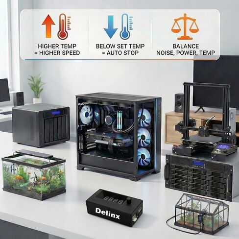 جهاز التحكم في سرعة مروحة الكمبيوتر Delinx 12V 4-Pin PWM، الوضع المزدوج التلقائي/اليدوي، 60 وات | متوافق مع مروحة 5 فولت 24 فولت ذات 4 دبابيس، شاشة رقمية لدرجة الحرارة في الوقت الحقيقي (℉) وسرعة المروحة (دورة في الدقيقة)، مدعوم من PD 3.0 أو DC5521 in Kuwait