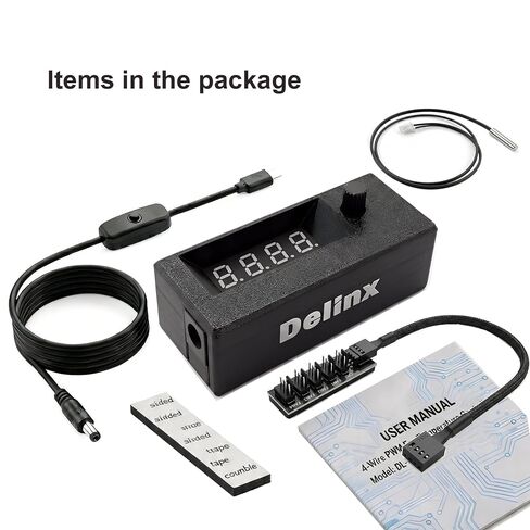 جهاز التحكم في سرعة مروحة الكمبيوتر Delinx 12V 4-Pin PWM، الوضع المزدوج التلقائي/اليدوي، 60 وات | متوافق مع مروحة 5 فولت 24 فولت ذات 4 دبابيس، شاشة رقمية لدرجة الحرارة في الوقت الحقيقي (℉) وسرعة المروحة (دورة في الدقيقة)، مدعوم من PD 3.0 أو DC5521 in Kuwait
