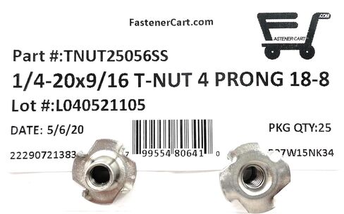 T-NUT Stainless Steel 1/4-20x9/16 4 Prong Tee Nuts (1/4-20 Thread 9/16 Barrel Length) 18-8 Stainless - (25) Pieces in Kuwait