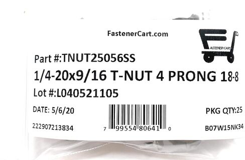 T-NUT Stainless Steel 1/4-20x9/16 4 Prong Tee Nuts (1/4-20 Thread 9/16 Barrel Length) 18-8 Stainless - (25) Pieces in Kuwait
